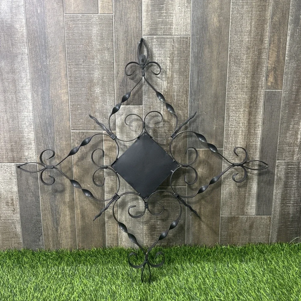 Large Wrought Iron Wall Decor Black Metal Scroll Carved Wood Medallion Hanging